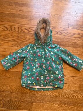 Baby Boden Teal Floral Fairy Hooded Puffer Coat with Faux Fur Trim